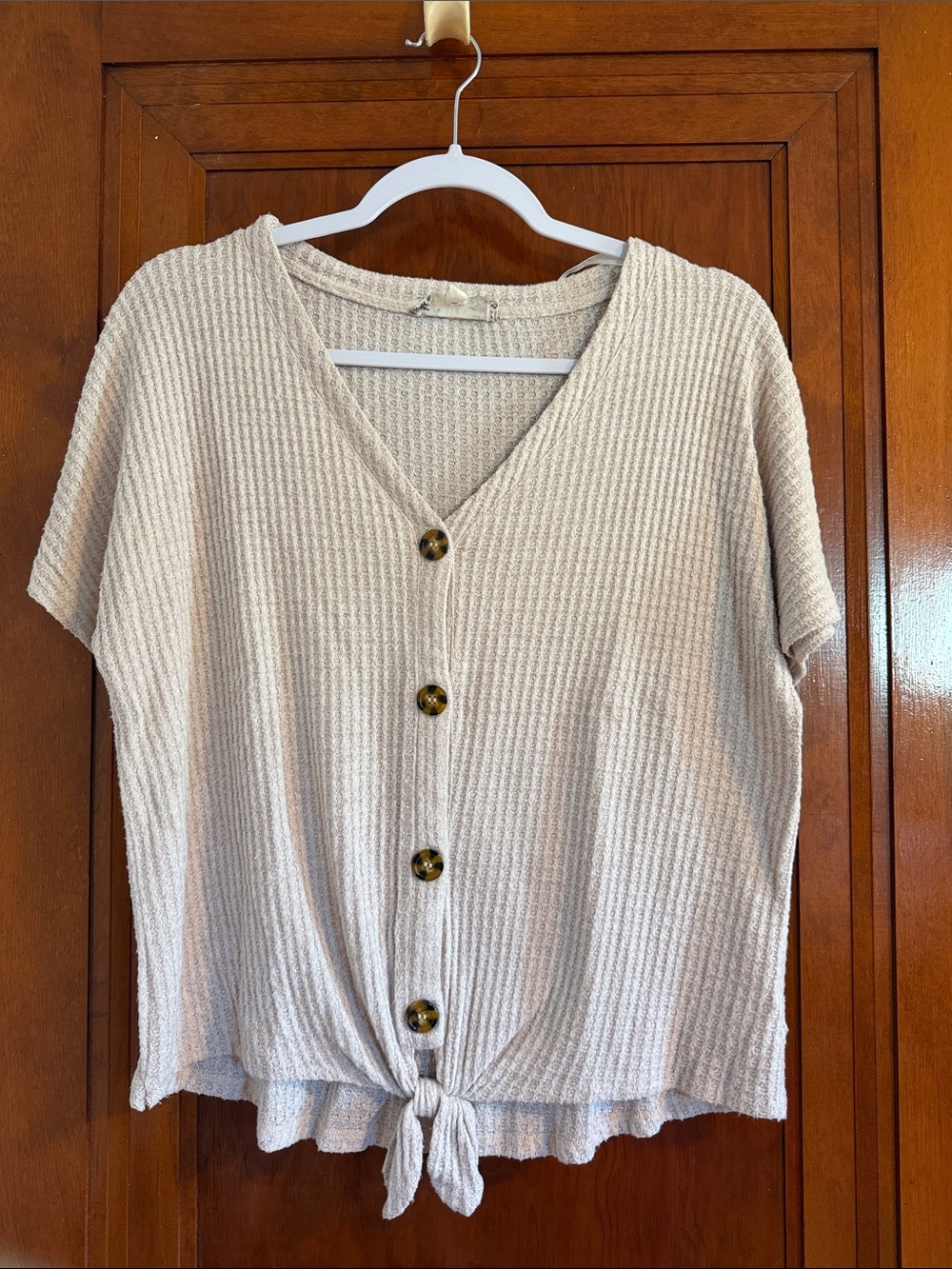Pink Rose Cream Button-Front Knit Tie-Hem Top